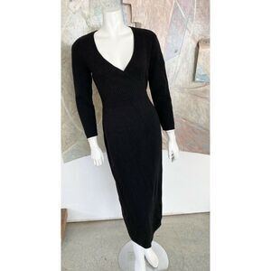 Black Wool Dress Tie Waist Long Sheath Stretch Size Medium